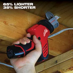 A person using a handheld reciprocating saw from the M12 Cordless LITHIUM-ION 4-Tool Combo Kit to cut a wooden beam. Text on the image reads "65% LIGHTER 35% SHORTER."