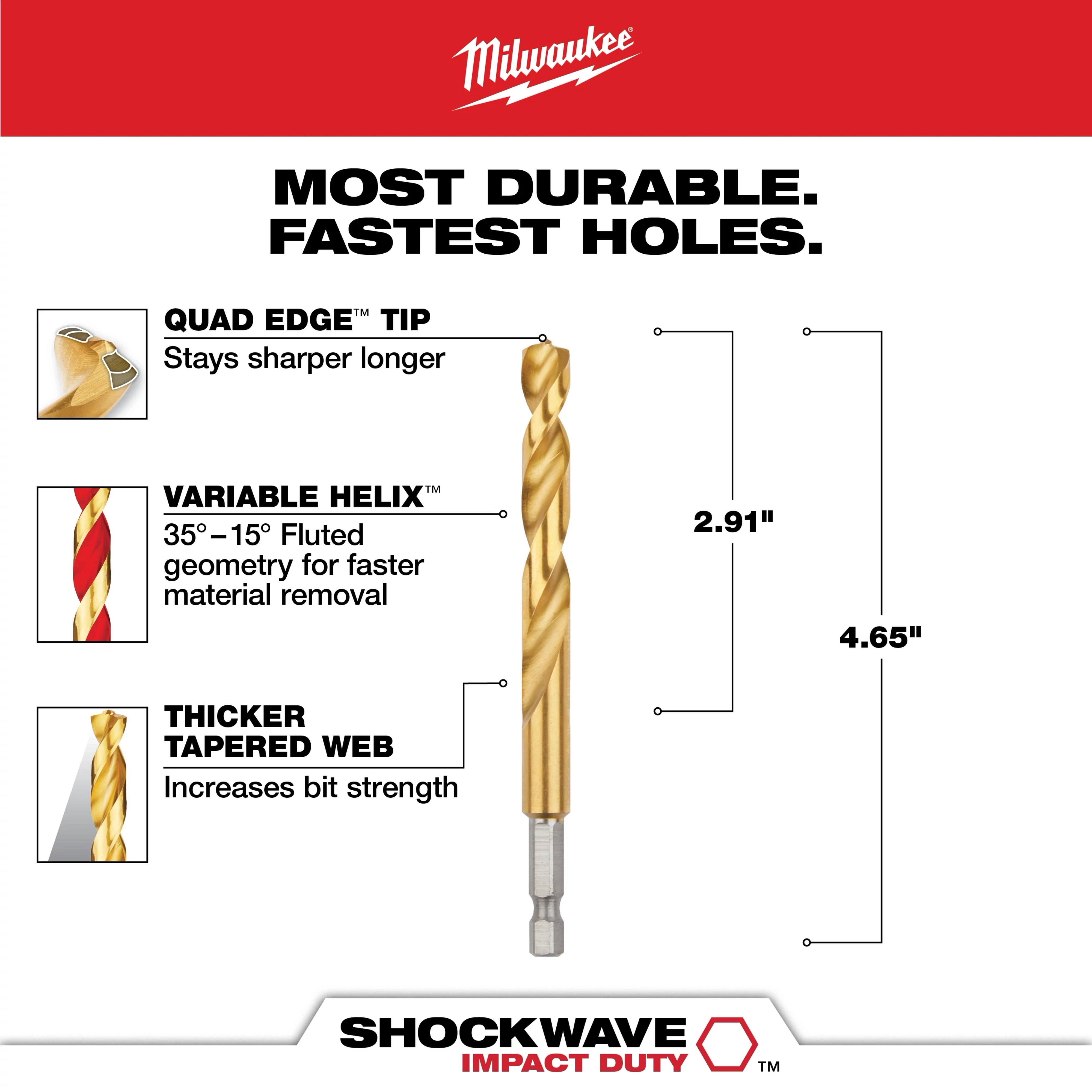 The SHOCKWAVE 3/8 in. Titanium Twist Drill Bit features a Quad Edge tip for durability, a variable helix design for efficient material removal, and a thicker tapered web for increased strength. It measures 4.65 inches in total length with a 2.91-inch flute length.