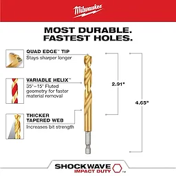 The SHOCKWAVE 3/8 in. Titanium Twist Drill Bit features a Quad Edge tip for durability, a variable helix design for efficient material removal, and a thicker tapered web for increased strength. It measures 4.65 inches in total length with a 2.91-inch flute length.