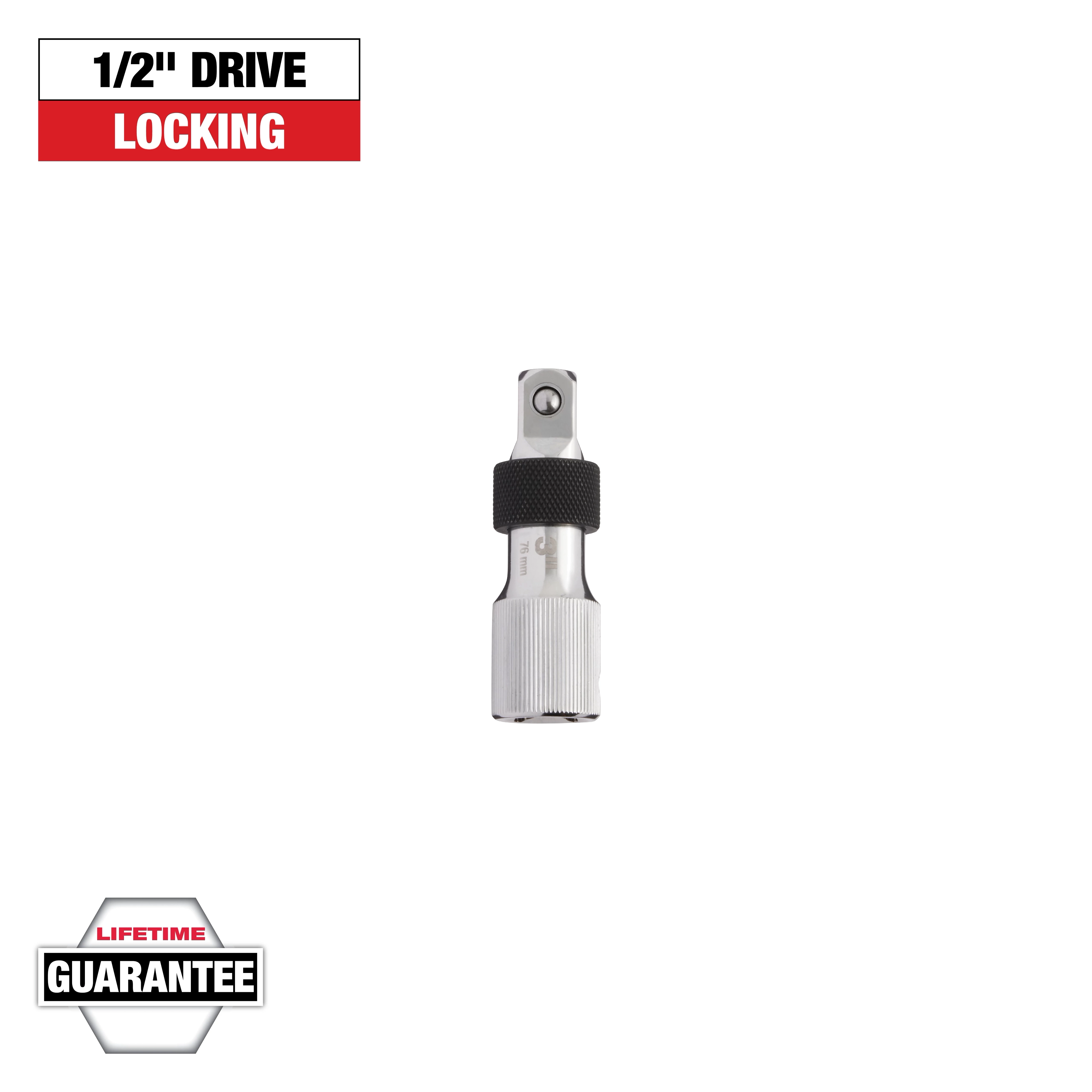 The image shows a 1/2" drive locking tool. The tool is depicted in the center with a 1/2" DRIVE LOCKING label above it. A Lifetime Guarantee label is at the bottom. The drive tool features a black knurled ring.