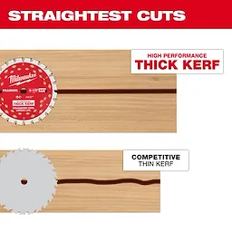 6-1/2” 24T Thick Kerf Framing Circular Saw Blade cutting a straight groove in wood above a wavy thin kerf cut.