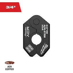 The 3/4" Streamline® ACR Pivoting Press Ring by Milwaukee is a black, pivoting tool for pressing copper pipes. It features the Streamline ACR logo and technical specifications printed on it, including "3/4" OD," "M12," and "M18." An ACR copper coil icon is also shown.