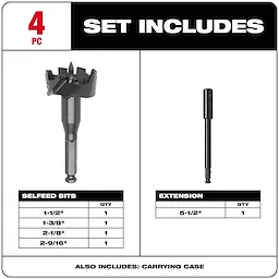 Contractor's Selfeed Bit Kit (4 PC) includes selfeed bits in sizes 1-1/2", 1-3/8", 2-1/8", and 2-9/16", a 5-1/2" extension, and carrying case.