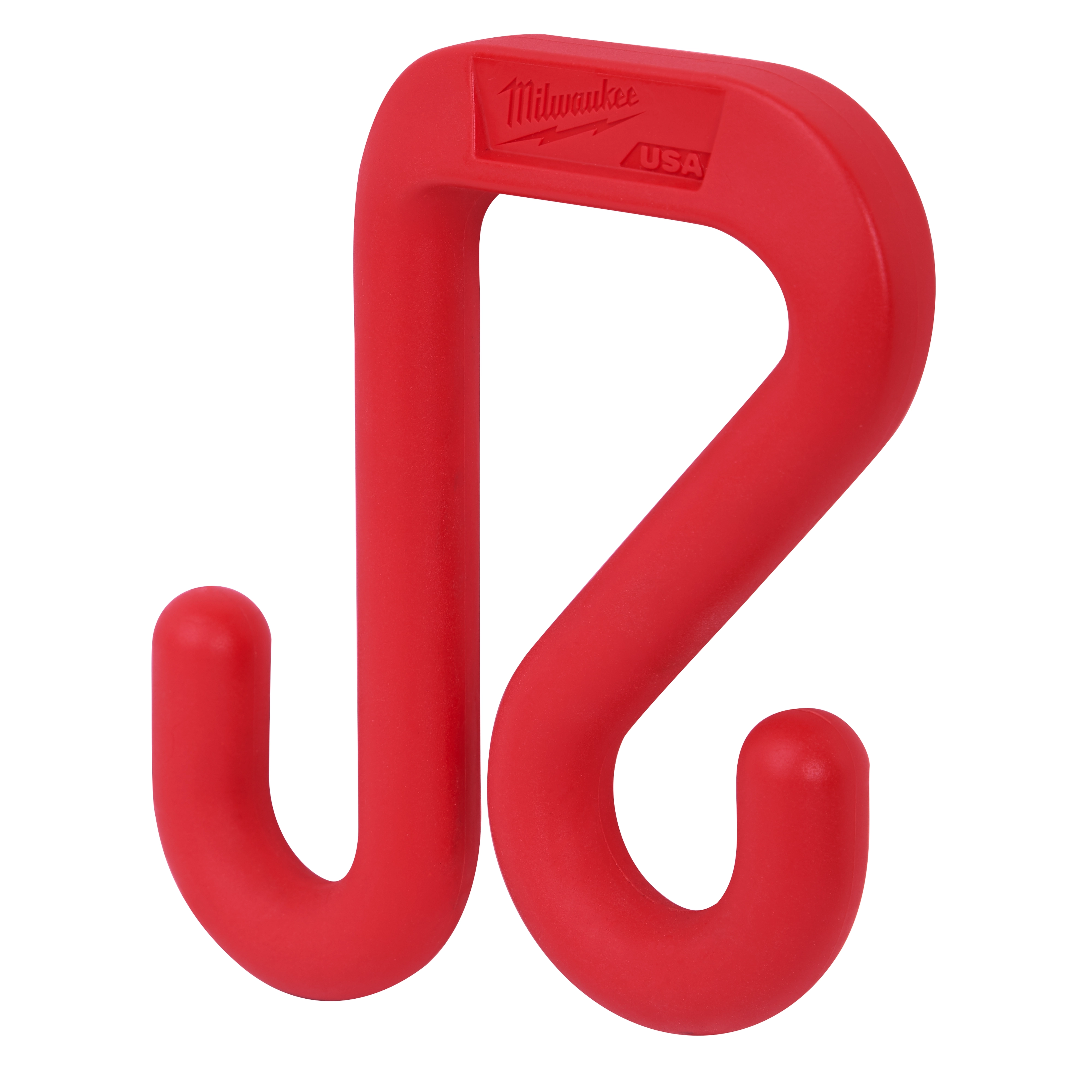 Red 2” Bucket Hook with a double hook design, used for hanging tools or accessories. Made in the USA.