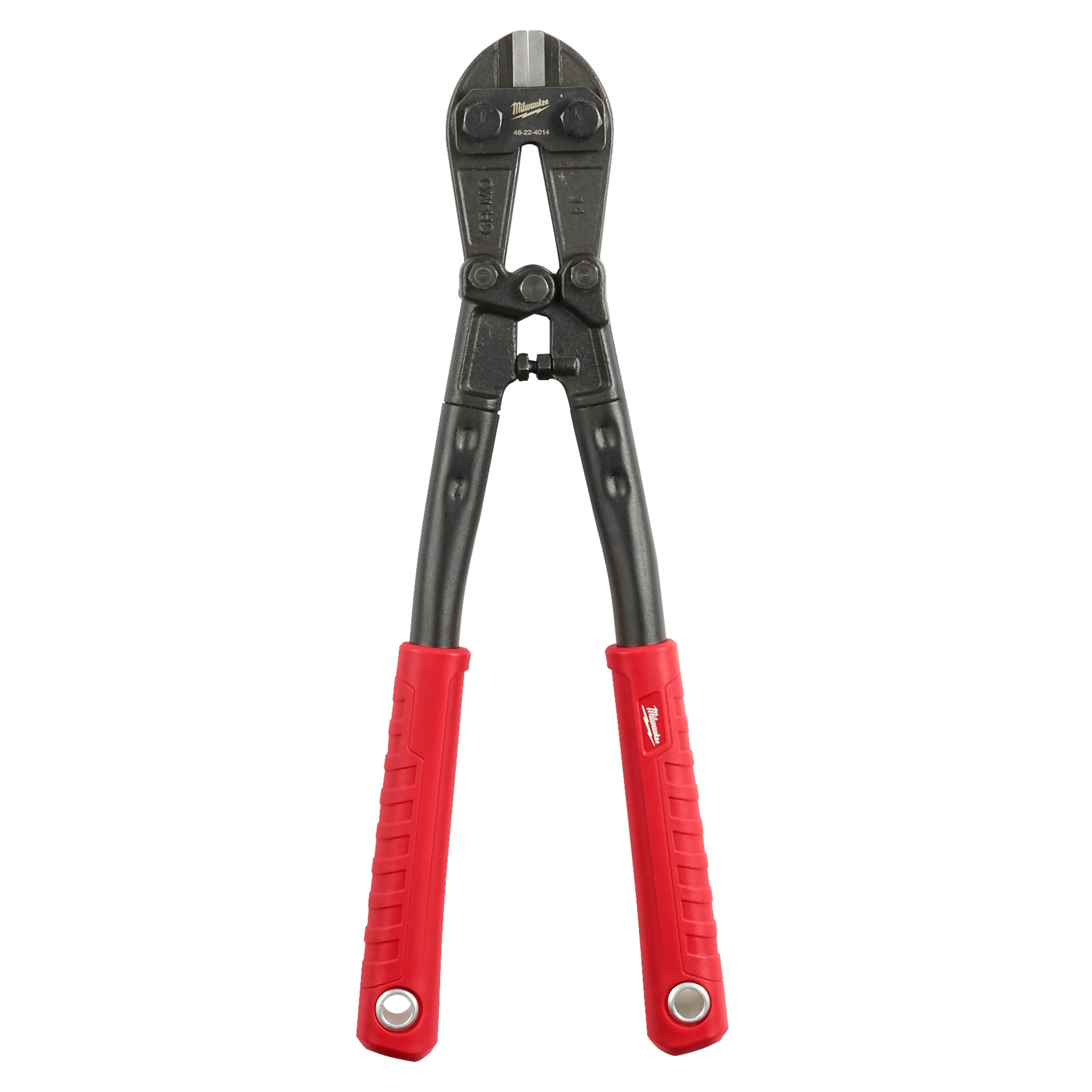 14" Bolt Cutter with black cutting head and red, ergonomic handles. The design features durable materials for efficiently cutting through bolts, chains, and other tough materials.