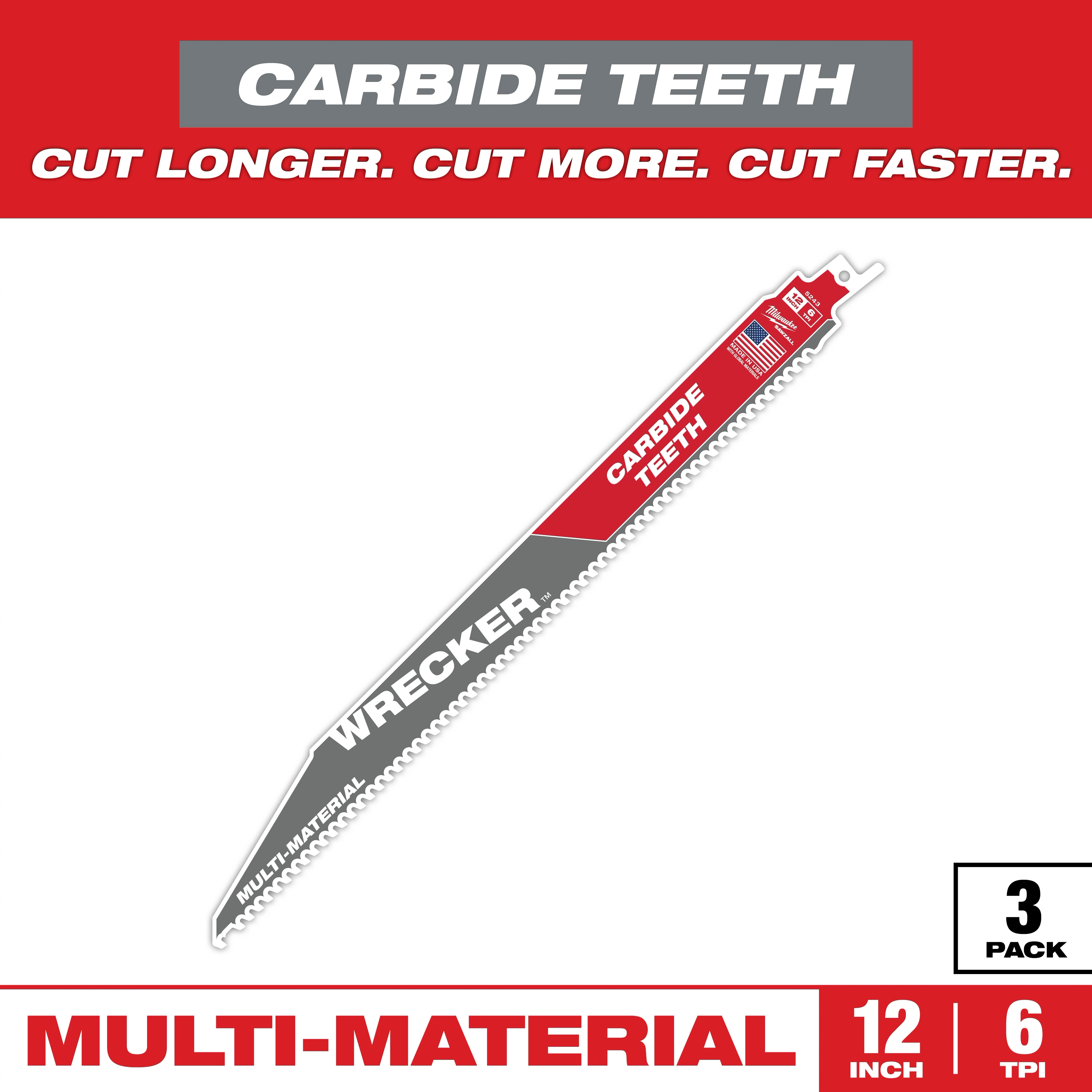 The Sawzall Bi-Metal Carbide Primary Images depict a 3-pack of 12-inch saw blades with 6 teeth per inch, designed for multi-material cutting. The blade features carbide teeth for enhanced durability and performance, along with the word "WRECKER" in white across a red and grey background.