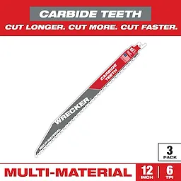 The Sawzall Bi-Metal Carbide Primary Images depict a 3-pack of 12-inch saw blades with 6 teeth per inch, designed for multi-material cutting. The blade features carbide teeth for enhanced durability and performance, along with the word "WRECKER" in white across a red and grey background.