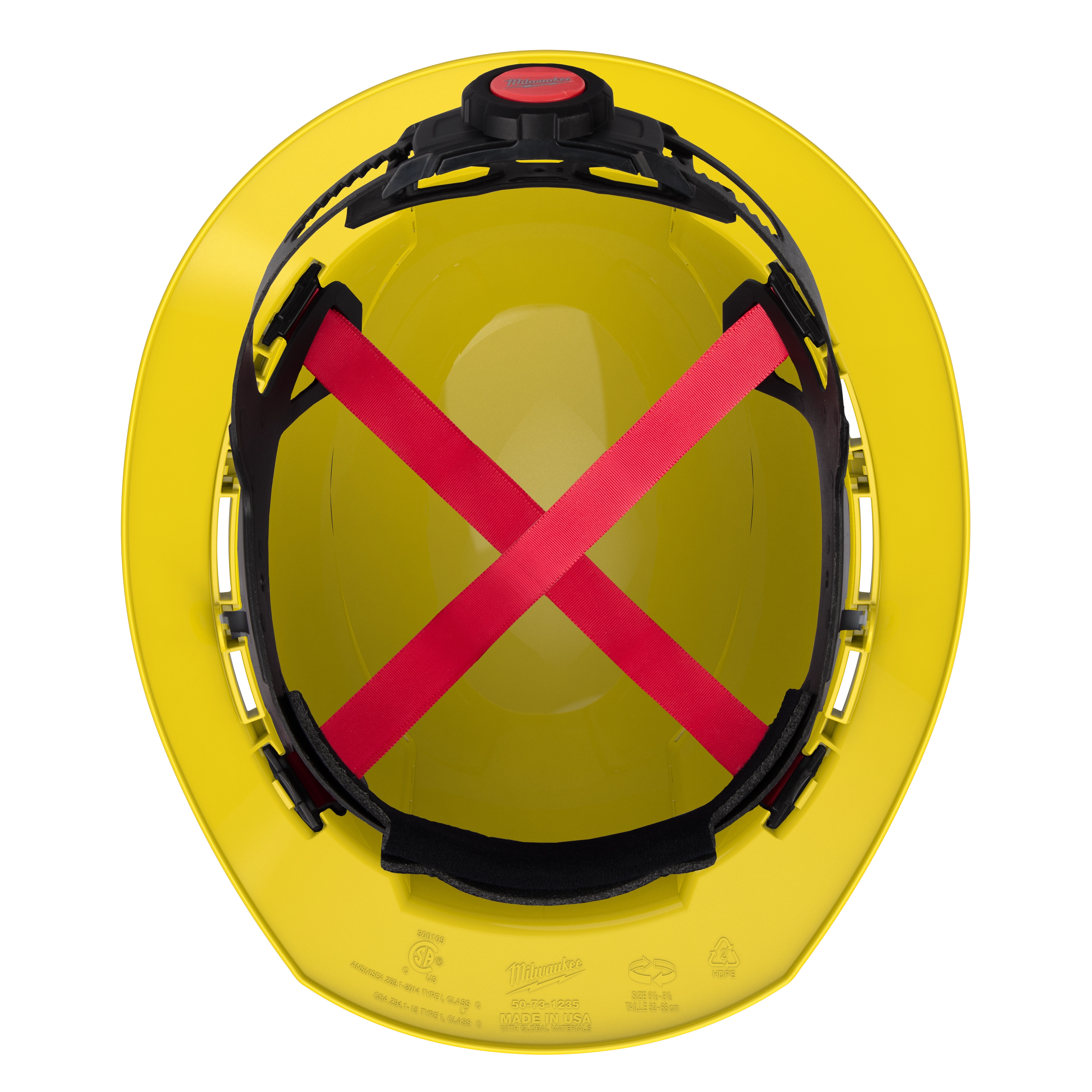 Top view of BOLT Yellow Full Brim Vented Hard Hat w/4pt Ratcheting Suspension (USA) - Type 1, Class C