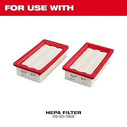 The NEXUS™ Dedicated Filter Cleaner is compatible with Milwaukee HEPA Filter 49-90-1968. The image displays two rectangular HEPA filters with white pleated material and red frames, intended for use with the NEXUS™ cleaner system.