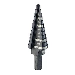 The %234%20Step%20Drill%20Bit%2C%203%2F16%22%20-%207%2F8%22%20by%201%2F16%22 is a multi-step drill bit featuring a tapered design with incremental markings from 3/16 to 7/8 inch for precision drilling. The bit is prominently labeled for easy size identification during use.