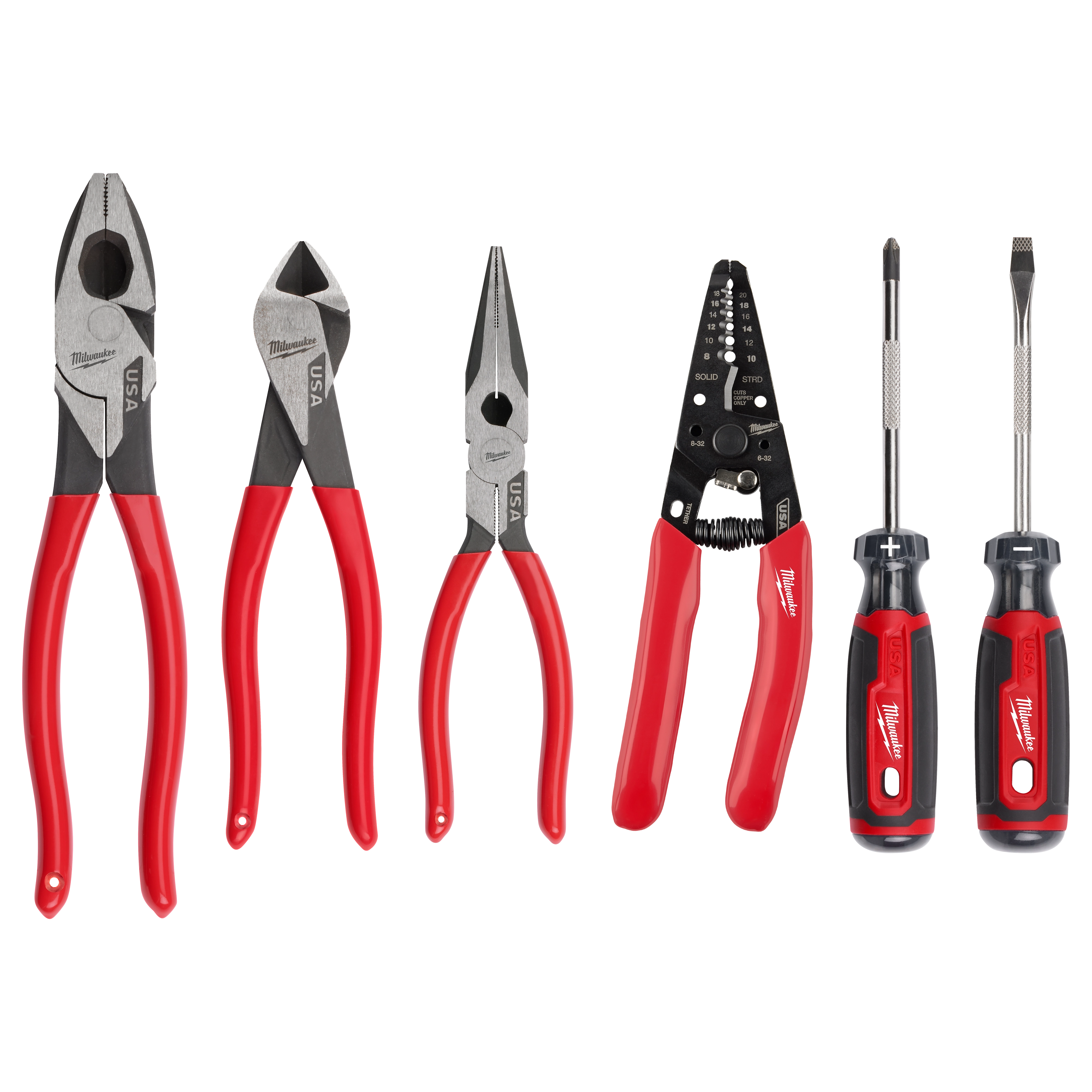 6 PC. Dipped Grip Cutting Pliers, Wire Stripper, and Cushion Grip Screwdrivers Set (USA).