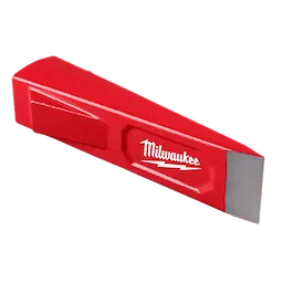 The image shows a red 5lb Splitting Wedge by Milwaukee with a beveled edge for splitting wood. The tool has a logo stamped on one side.