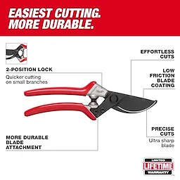 The image shows a 1" Pruner with red handles and various features highlighted. It has a 2-position lock for quicker cutting on small branches, a durable blade attachment, effortless cuts, low friction blade coating, and a precise, ultra-sharp blade. It comes with a limited lifetime warranty.