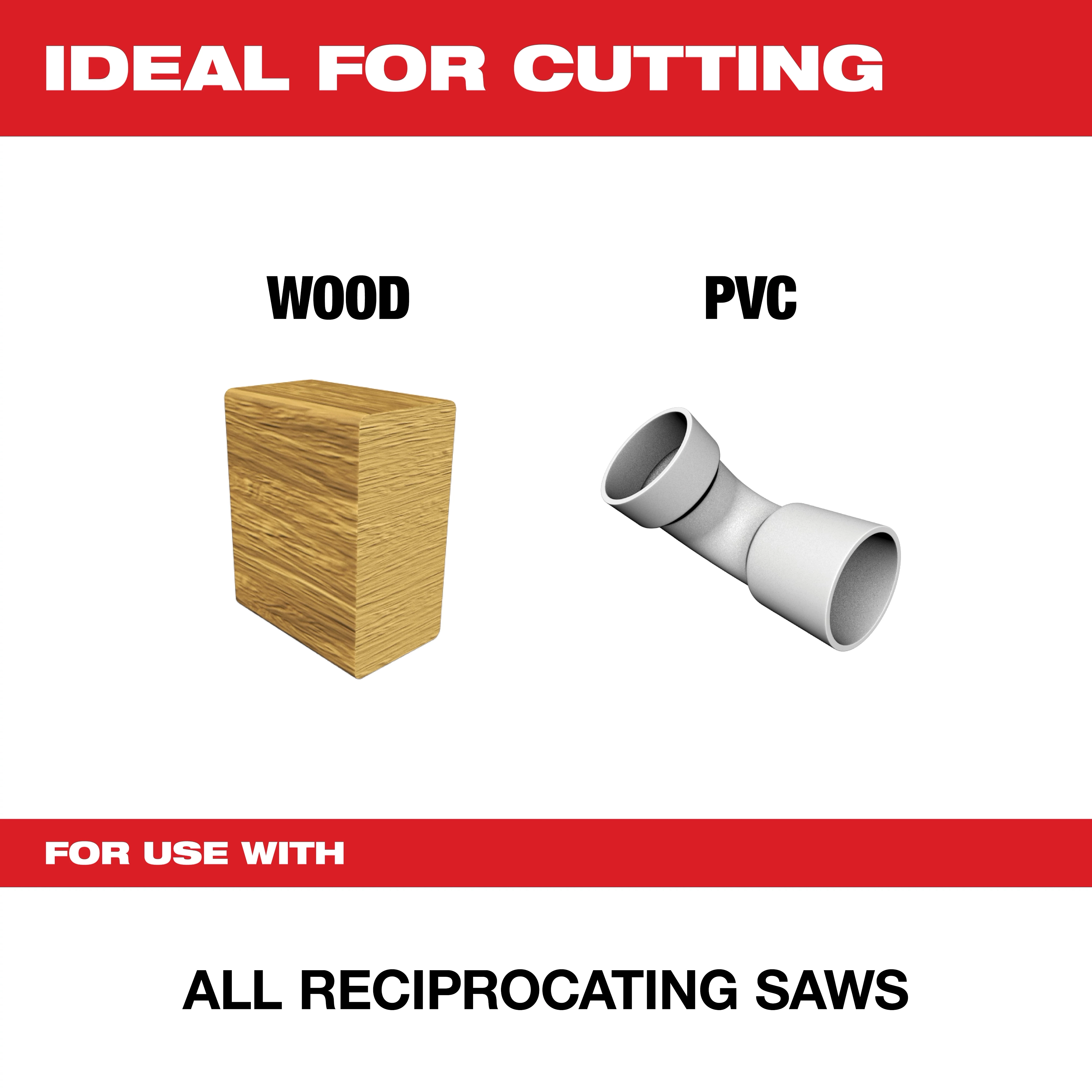 The product image indicates the item is ideal for cutting wood and PVC. A block of wood and a PVC pipe are shown. It is compatible with all reciprocating saws. The text "Ideal For Cutting" and "For Use With" appear in bold red and white banners.