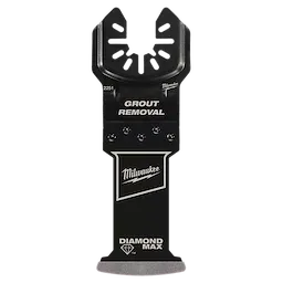 Image of a MILWAUKEE® OPEN-LOK™ DIAMOND MAX™ Diamond Grit Grout Removal Multi-Tool Plunge Blade. The black blade is designed for grout removal and marked with the MILWAUKEE® logo, GROUT REMOVAL and DIAMOND MAX™ branding. The top part has an open shape with multiple grooves.