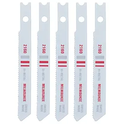 Five 2-3/4" 24TPI Metal Cutting U Shank Jig Saw Blades displayed vertically, with the text "Bi-Metal" and "Swiss Made."