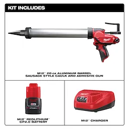 M12 20oz. Aluminum Barrel Sausage Style Caulk and Adhesive Gun Kit includes the caulk gun, M12 CP2.0 battery, and M12 charger.