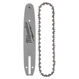 10" x 3/8" low profile saw chain and guide bar set, featuring a silver bar with stylized text design and an adjacent matching saw chain.