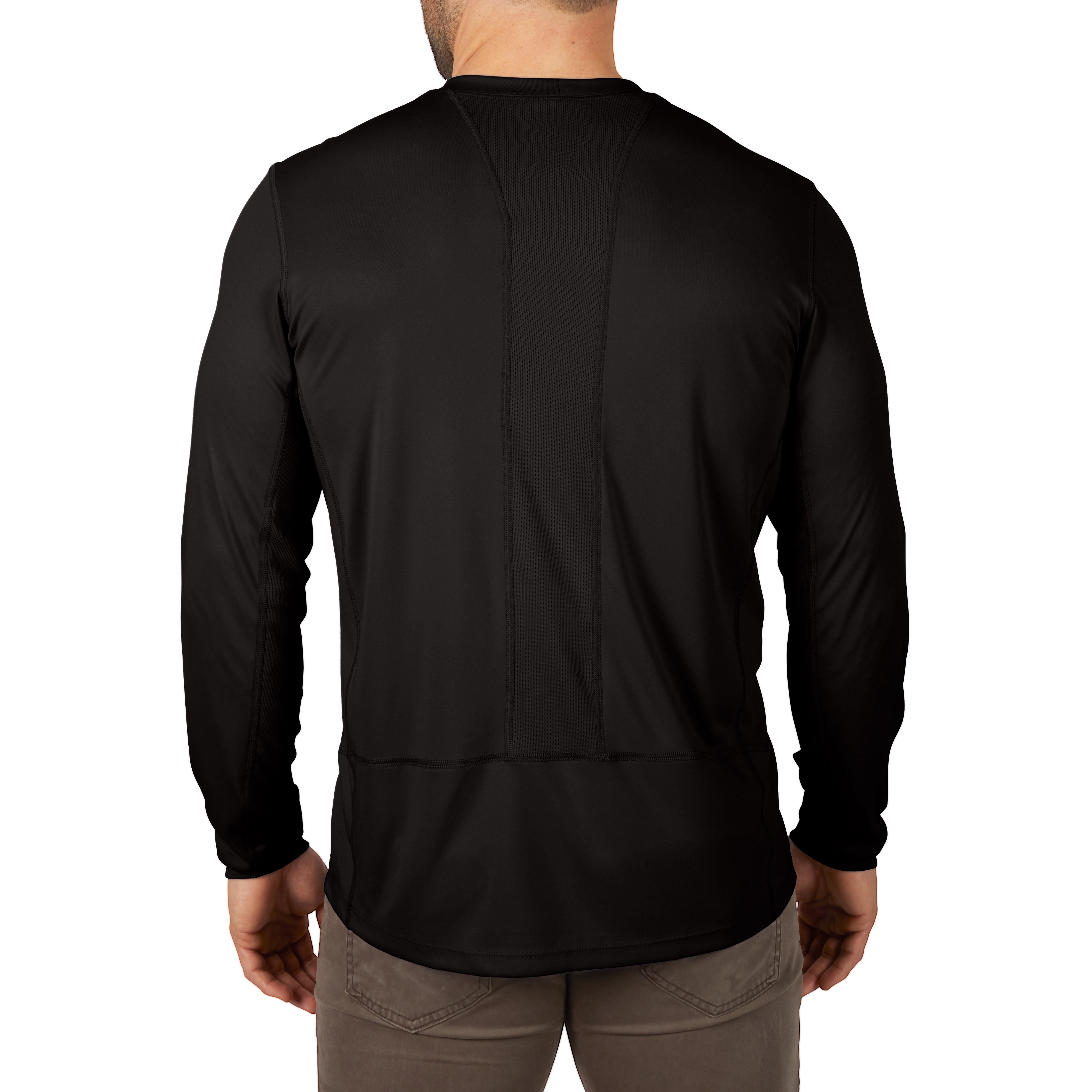 Back view of a man wearing the WORKSKIN Lightweight Performance Shirt in black, showing its long sleeves and stitching details.