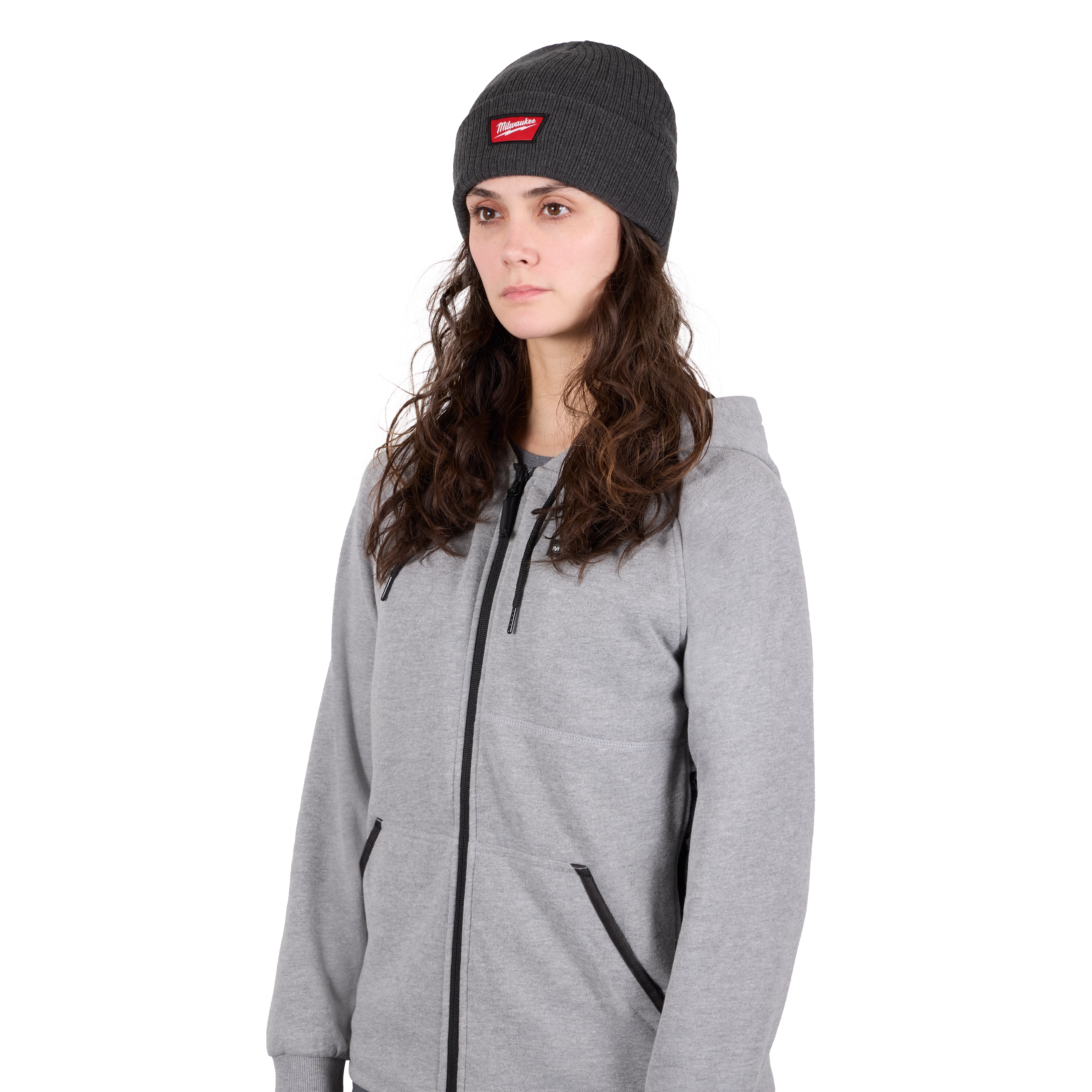Image of a woman wearing the Milwaukee Rib-Knit Cuffed Beanie in gray
