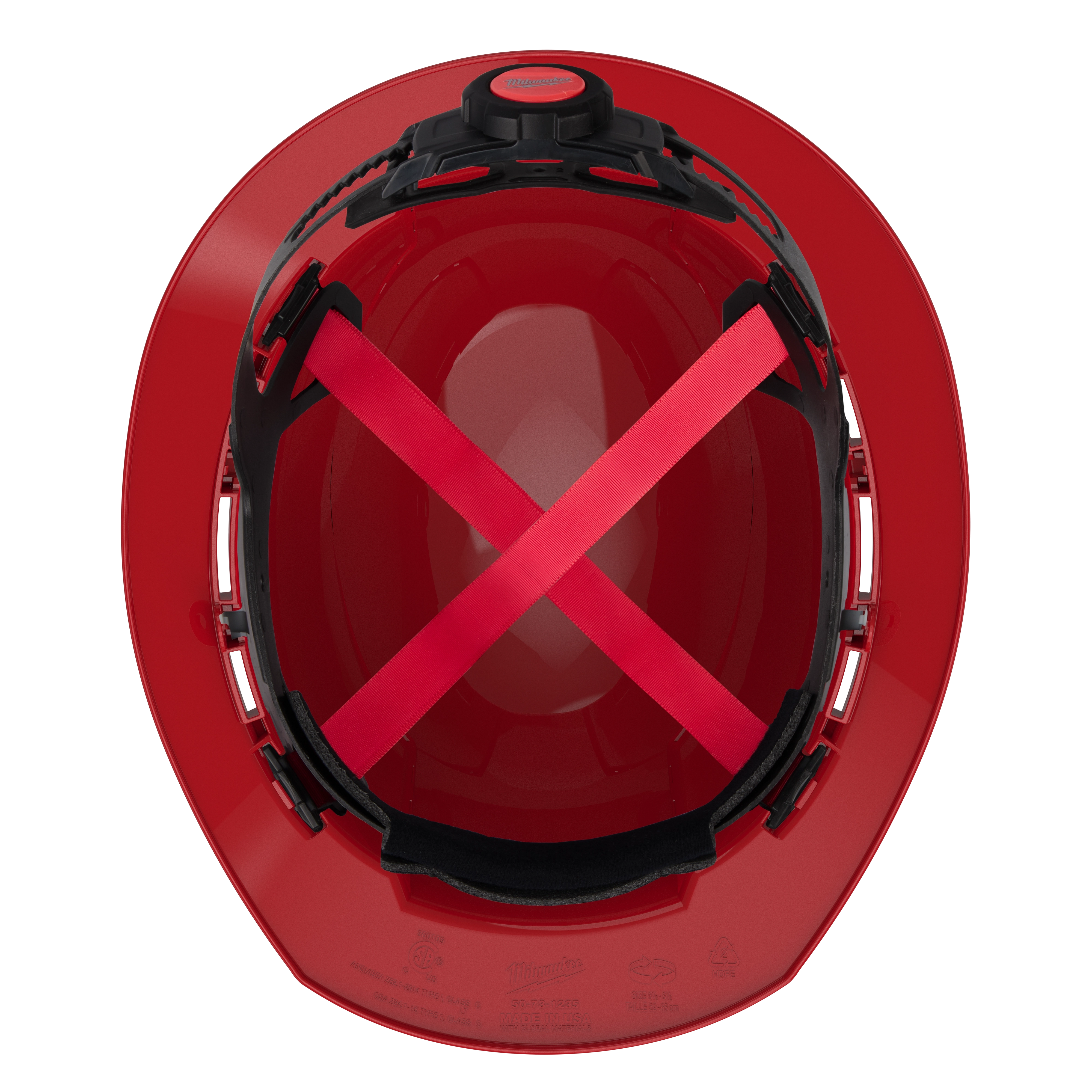 Top view of BOLT Red Full Brim Vented Hard Hat w/4pt Ratcheting Suspension (USA) - Type 1, Class C