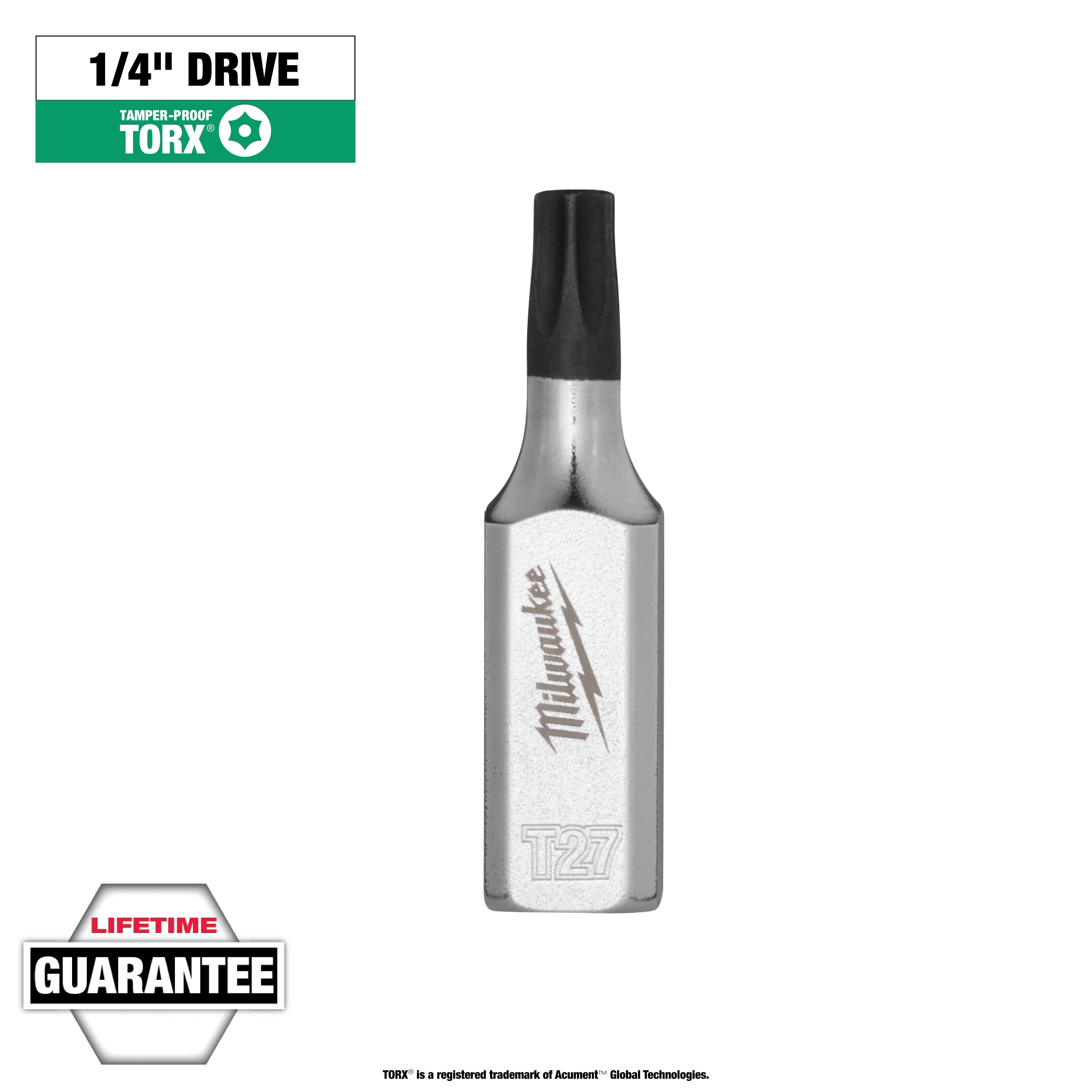 1/4" Drive T27 Tamper Proof TORX Bit Socket with a chrome-plated finish, a black tip, and the brand name etched on the side.