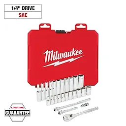 This image depicts a Milwaukee 1/4" drive SAE socket set with a red carrying case. Various sizes of sockets, a ratchet, and accessories are included. The case features the Milwaukee logo, and the image also highlights a lifetime guarantee badge.