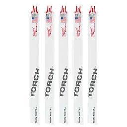 Five 12" 24 TPI TORCH™ SAWZALL® Blades for Thin Metal are displayed upright in a row. Each blade is white with the brand's logo in red and says "TORCH™ Thin Metal." The blades are made in the USA.