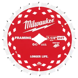 Red 7-1/4" 24T Worm Drive Framing Circular Saw Blade with "Cool Cutting" and "Longer Life" text, showing brand name and specifications.