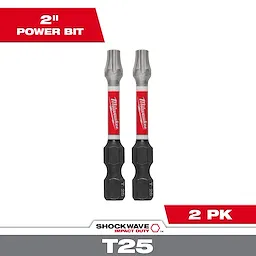 Two SHOCKWAVE™ 2" Impact Duty TORX® T25 Power Bits are displayed, side by side. Each bit has a red, white, and black design with the Milwaukee brand logo. The packaging shows "2 PK" in the bottom right corner.