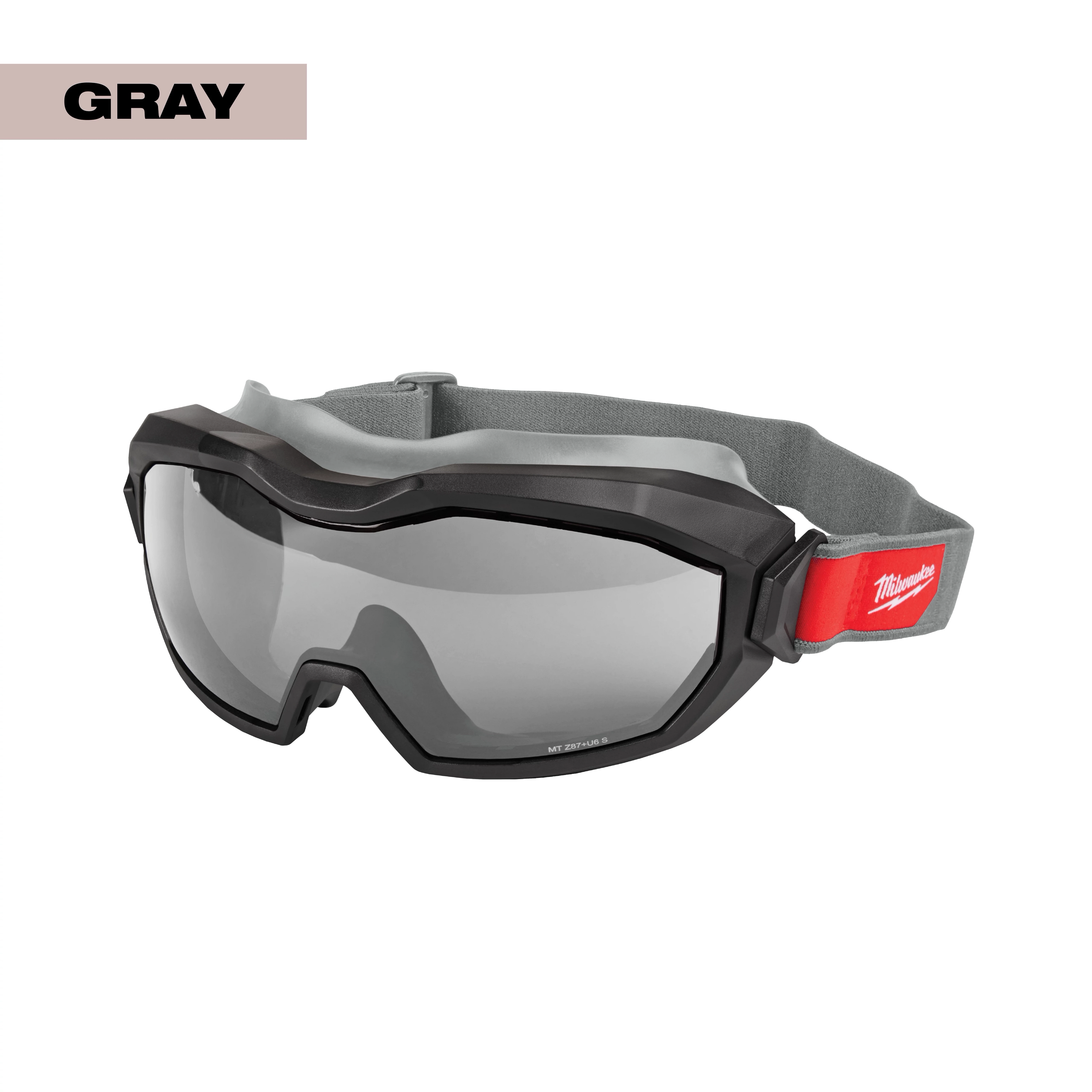 Non-Vented Goggles - Gray Dual Coat Lens with a black frame, gray headband, and red accent featuring the Milwaukee logo.