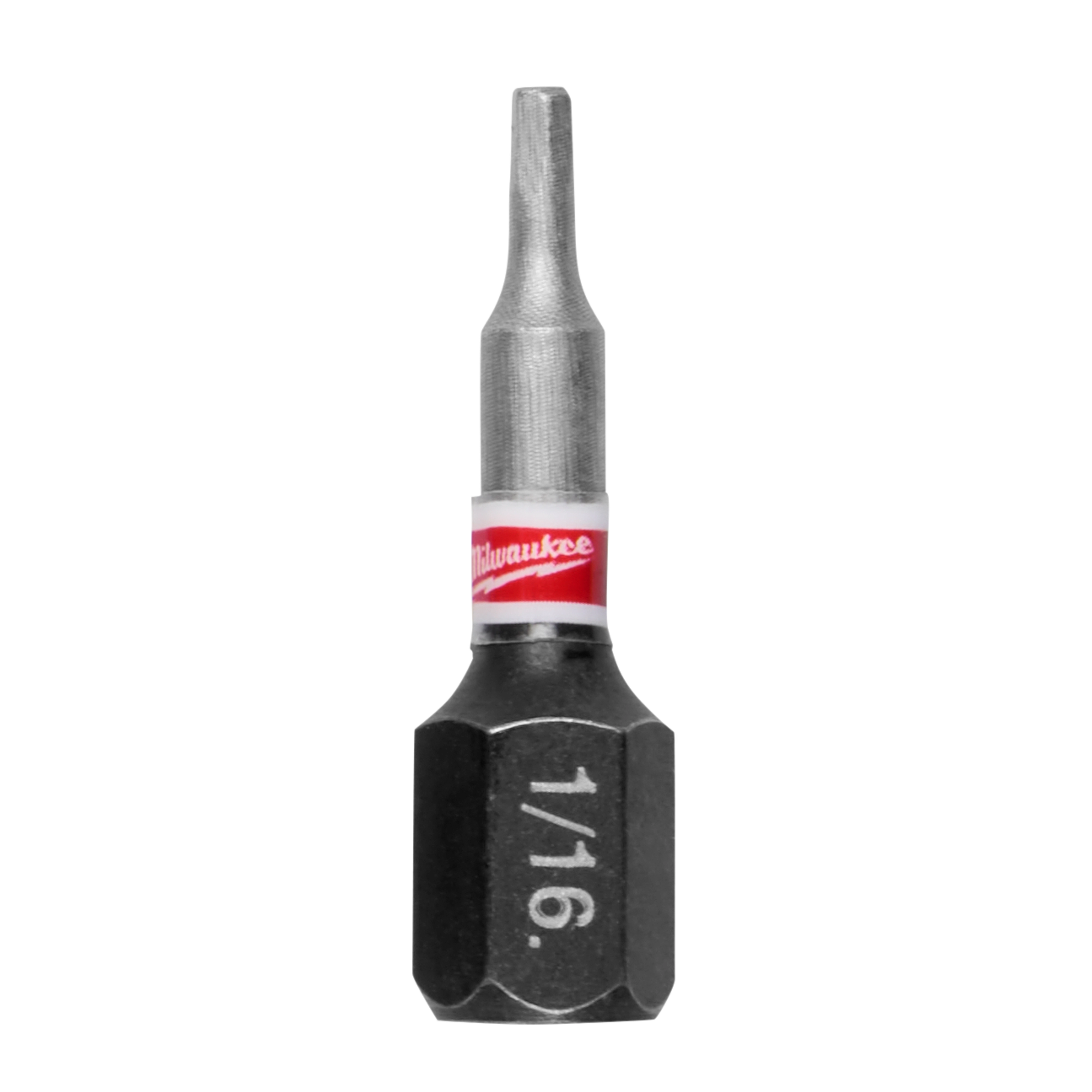 This image shows a SHOCKWAVE™ 1" Impact Duty Hex 1/16" Insert Bit Bulk 25. It has a hexagonal base and a narrow, cylindrical tip, with the inscription "1/16" on the side. The Milwaukee brand logo is visible near the top.