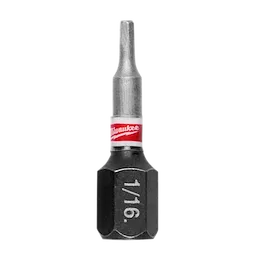 This image shows a SHOCKWAVE™ 1" Impact Duty Hex 1/16" Insert Bit Bulk 25. It has a hexagonal base and a narrow, cylindrical tip, with the inscription "1/16" on the side. The Milwaukee brand logo is visible near the top.