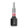This image shows a SHOCKWAVE™ 1" Impact Duty Hex 1/16" Insert Bit Bulk 25. It has a hexagonal base and a narrow, cylindrical tip, with the inscription "1/16" on the side. The Milwaukee brand logo is visible near the top.