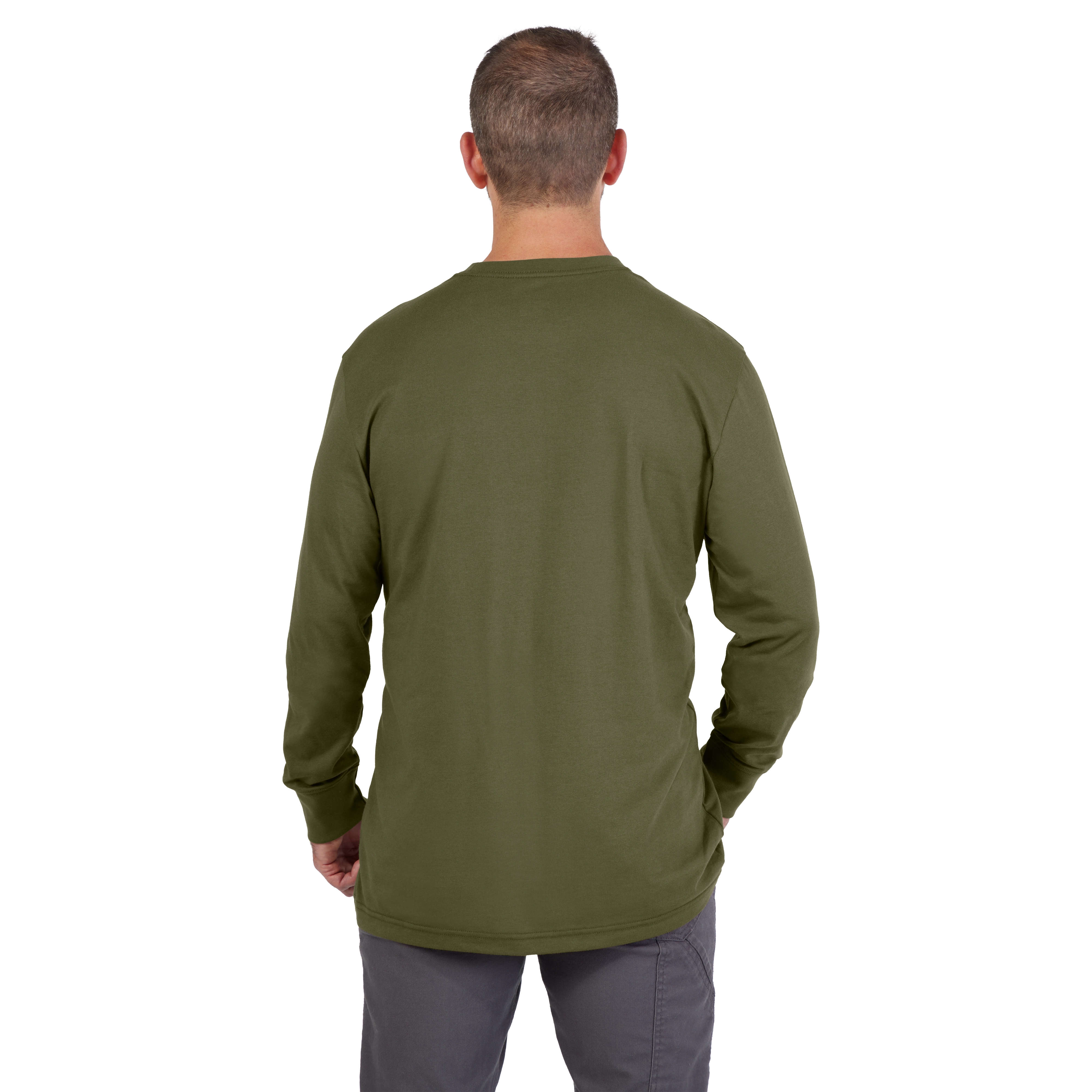 Man wearing a long-sleeve Heavy-Duty Pocket T-Shirt - Green, shown from the back. The shirt is plain green and paired with gray pants.