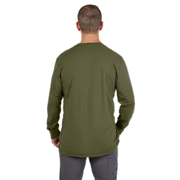 Man wearing a long-sleeve Heavy-Duty Pocket T-Shirt - Green, shown from the back. The shirt is plain green and paired with gray pants.