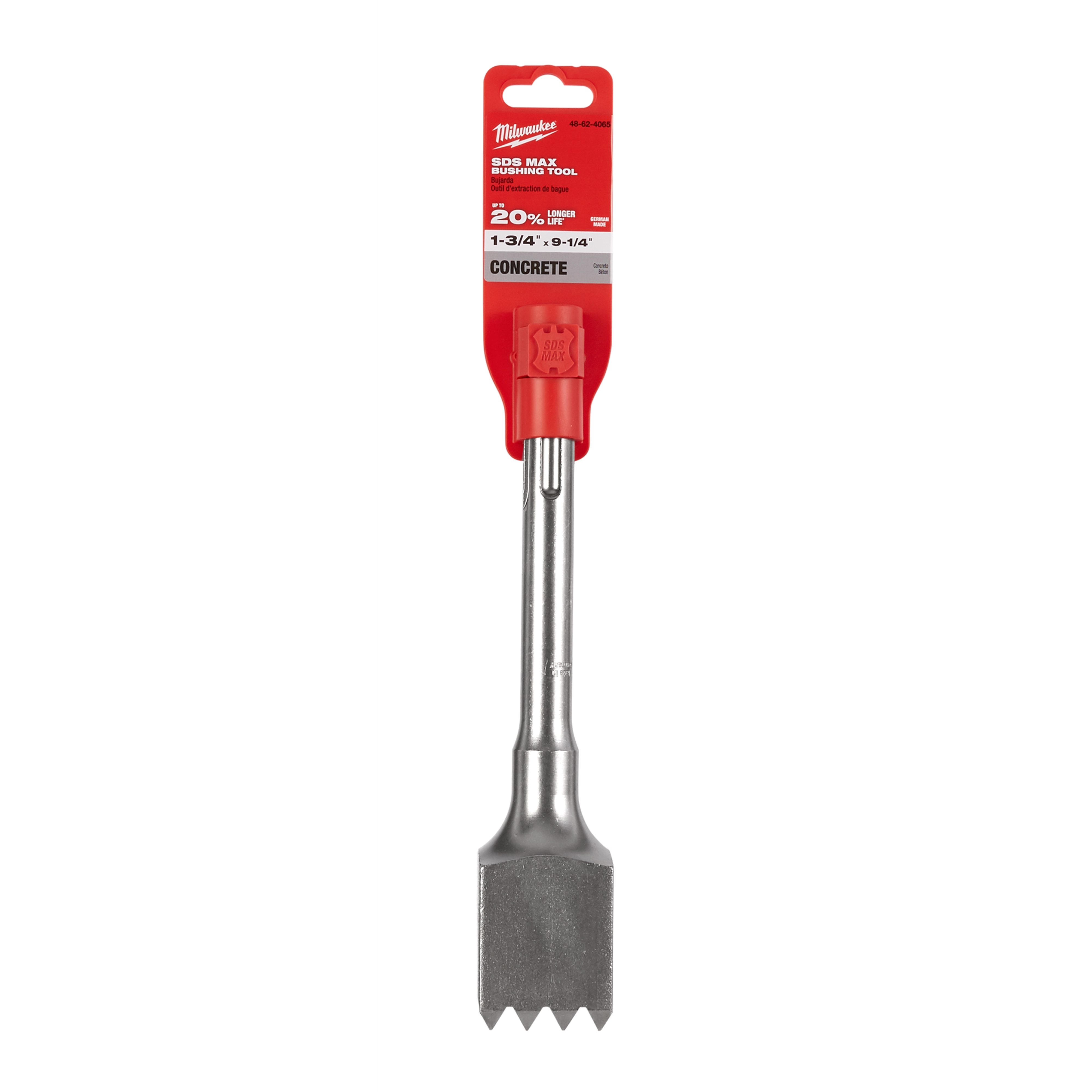 SDSMAX DEMO 10-1/2" BUSHING chisel with a metallic finish and serrated edge, designed for concrete applications. Packaged in red.