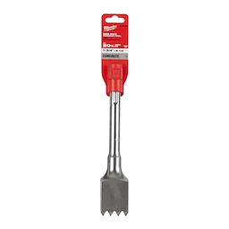 SDSMAX DEMO 10-1/2" BUSHING chisel with a metallic finish and serrated edge, designed for concrete applications. Packaged in red.