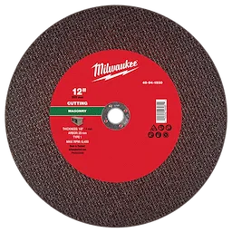 12" x 1/8" x 20mm Masonry Cut Off Wheel Type 1 with red center, black outer edge, and labeled for cutting masonry.