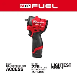 The Milwaukee M12 FUEL™ 3/8" Subcompact Impact Wrench w/ Friction Ring is designed for best underhood access, offering up to 225 ft-lbs of torque and lightweight performance.