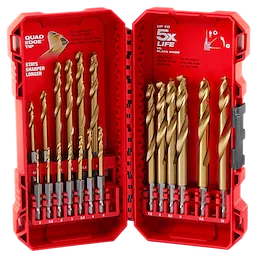 SHOCKWAVE Impact Duty RED HELIX Titanium Metric Drill Bit Set - 19PC features 19 titanium metric drill bits in a red hard case. The bits vary in size and are designed to stay sharper longer with Quad Edge Tip. Labeling highlights longer life compared to black oxide bits.