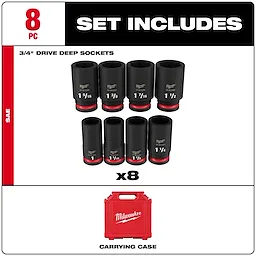 Milwaukee SAE 3/4" Drive Deep Sockets Set includes 8 pieces, ranging from 1 inch to 1-1/2 inches. Comes with a red Milwaukee carrying case.
