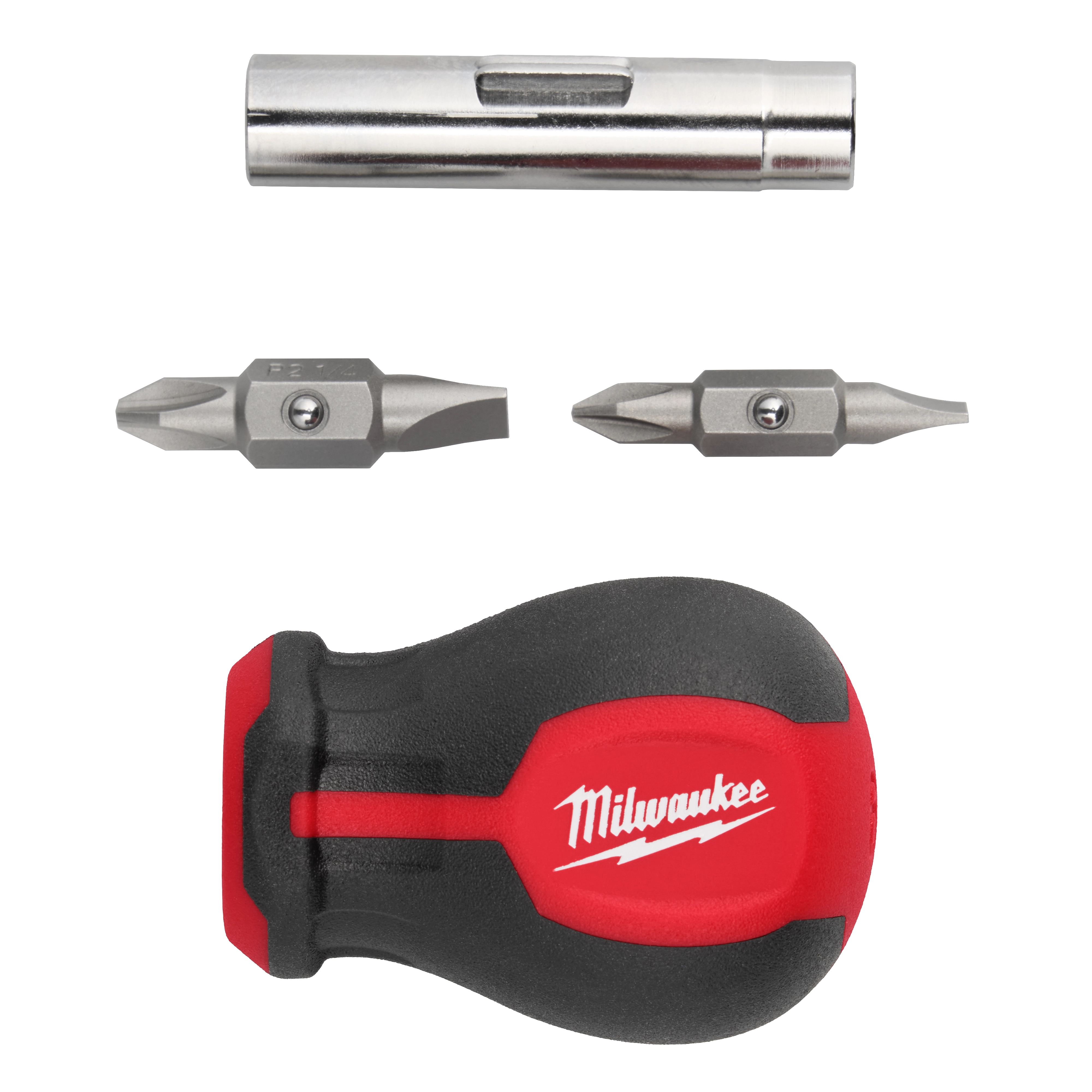 This image shows the components of the 6-IN-1 Stubby Multi-Bit Screwdriver by Milwaukee, including a red and black handle, two double-ended screwdriver bits, and a metal bit holder.