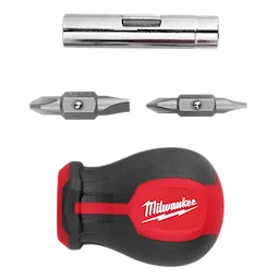 This image shows the components of the 6-IN-1 Stubby Multi-Bit Screwdriver by Milwaukee, including a red and black handle, two double-ended screwdriver bits, and a metal bit holder.