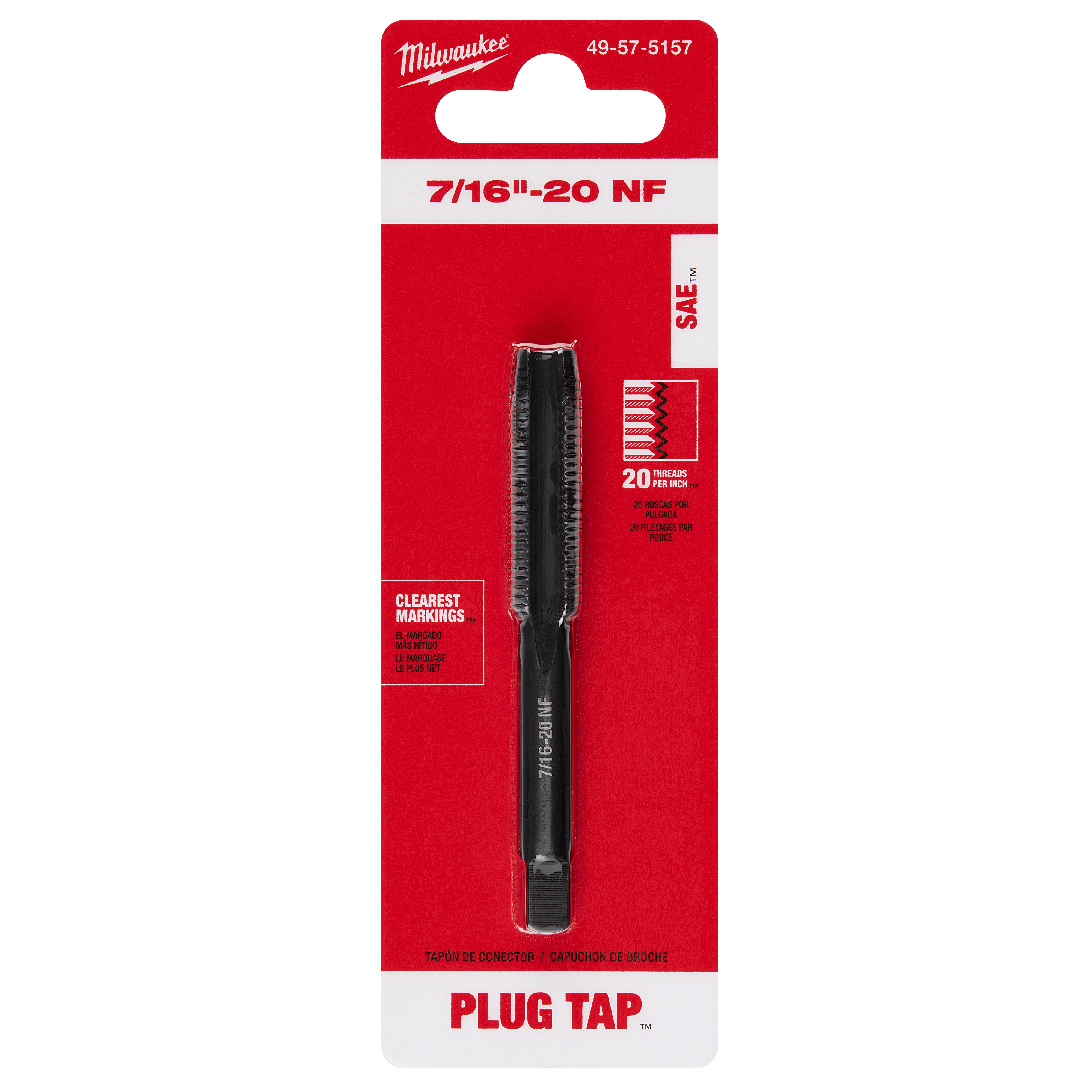 7/16''-20 NF Straight Flute Plug Tap in black, packaged in red and white with detailed threading information and clear markings.