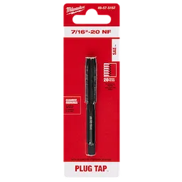 7/16''-20 NF Straight Flute Plug Tap in black, packaged in red and white with detailed threading information and clear markings.