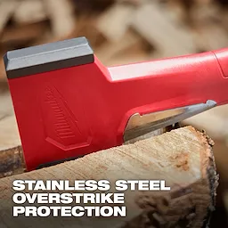 36" Splitting Axe with red handle, stainless steel blade in log. Text: "Stainless Steel Overstrike Protection."
