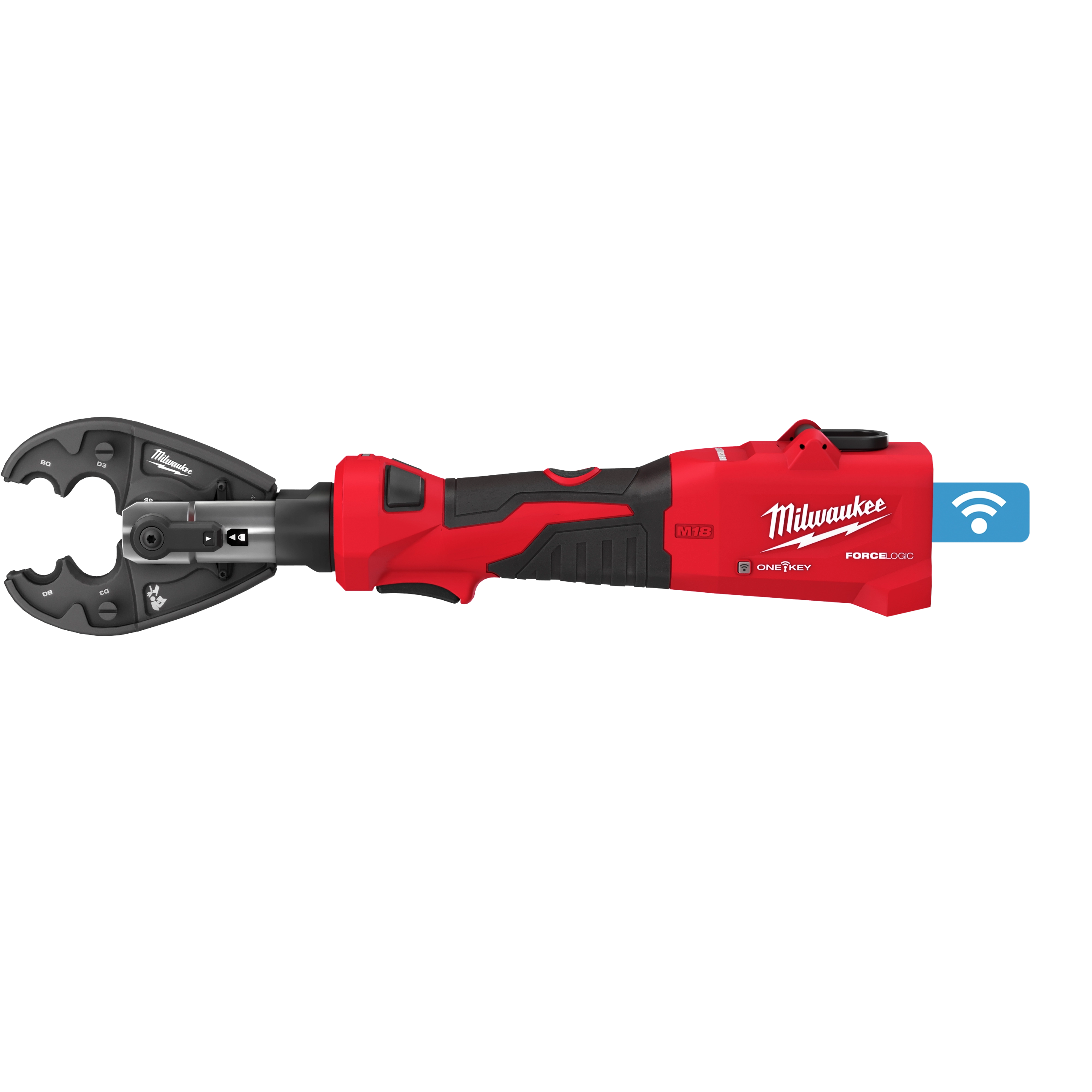 Milwaukee M18™ FORCE LOGIC™ 6T Linear Utility Crimper with BG-D3 and Cutting Jaws. The tool is red with black grips and features crimping jaws, a trigger, and a wireless connectivity indicator.