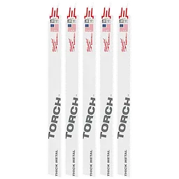 The image displays five 12" 10 TPI TORCH™ SAWZALL® Blades for Thick Metal, packaged in a set of five. The blades are white with red and black text, featuring the TORCH™ branding and an American flag emblem.