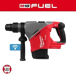 Milwaukee M18 FUEL 1-9/16" SDS Max Rotary Hammer with ONE-KEY displayed with a red handle, side grip, and gray body.